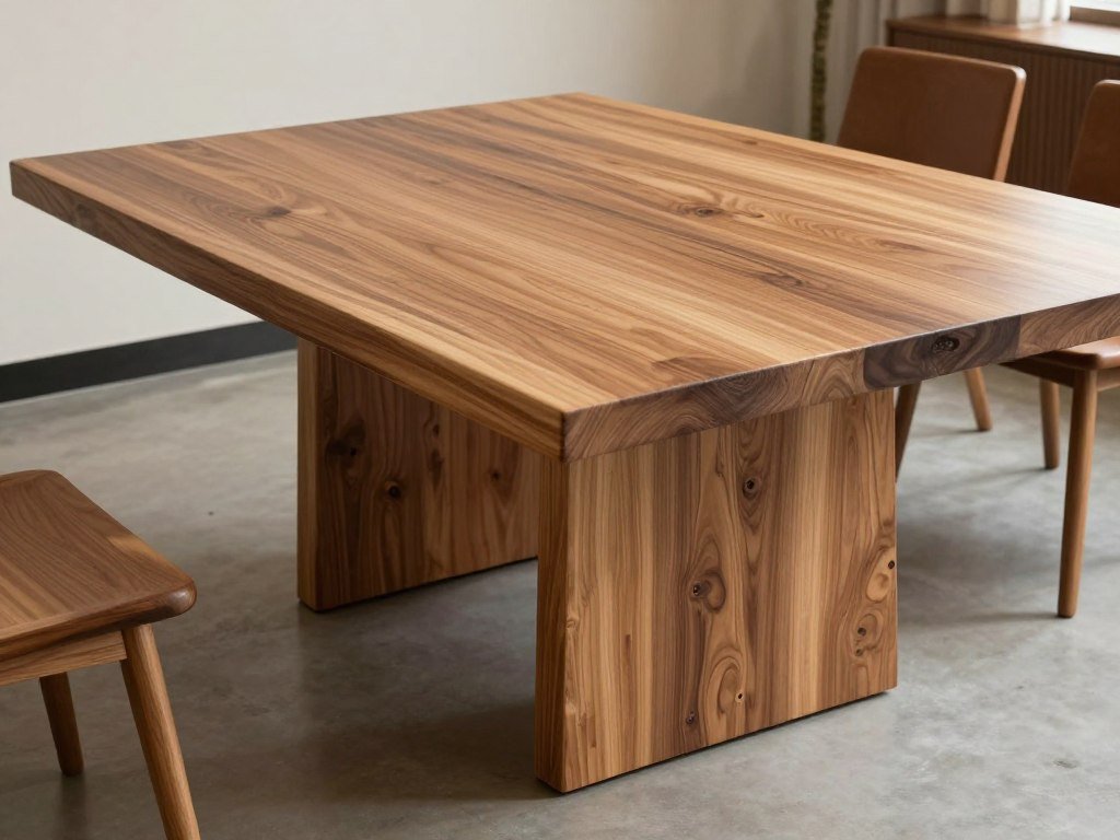 A live edge dining table with a solid wooden base showing traditional craftsmanship