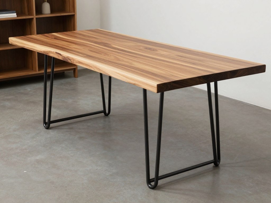 A live edge dining table with sleek metal hairpin legs creating a modern industrial look