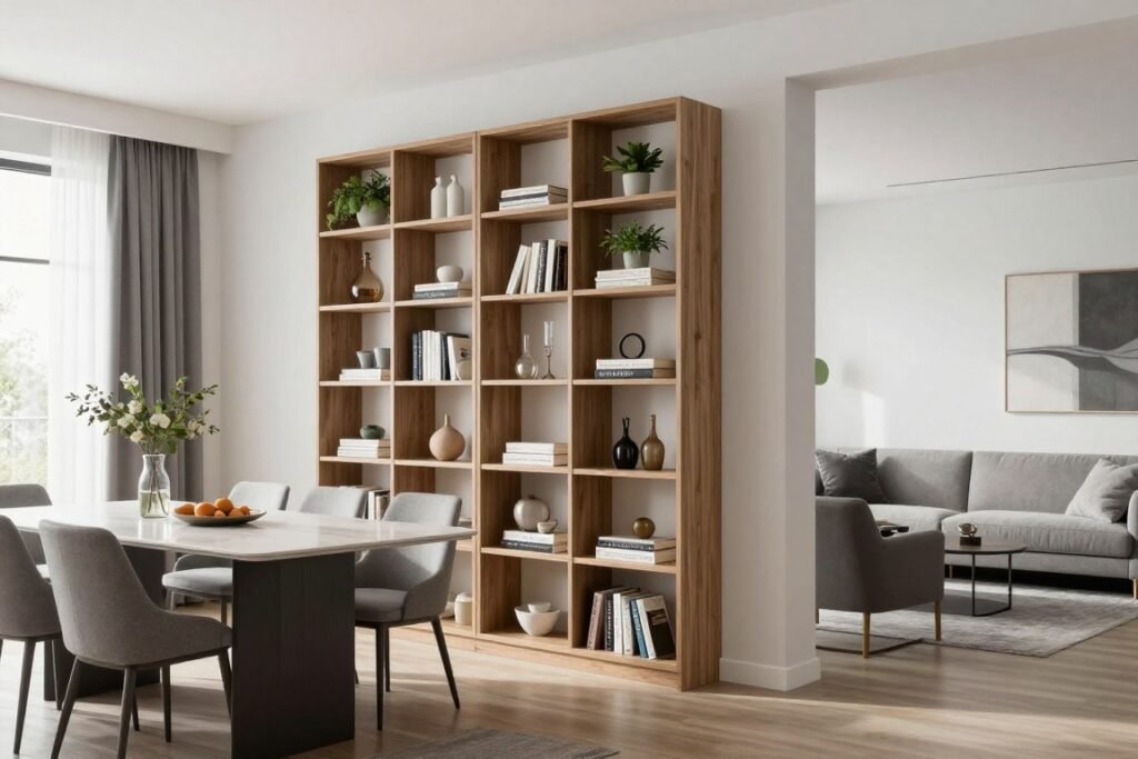 A living room dining room combo featuring a stylish bookshelf room divider that creates visual separation while allowing light to flow through both spaces