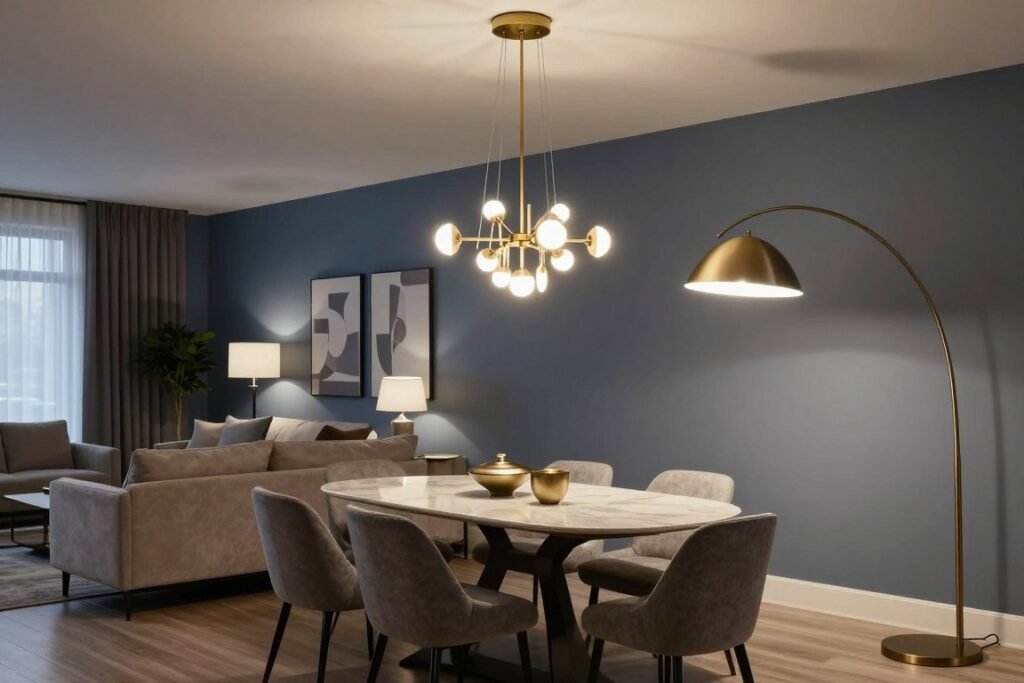 A living room dining room combo featuring statement lighting with a dramatic chandelier over the dining table and complementary floor and table lamps in the living area