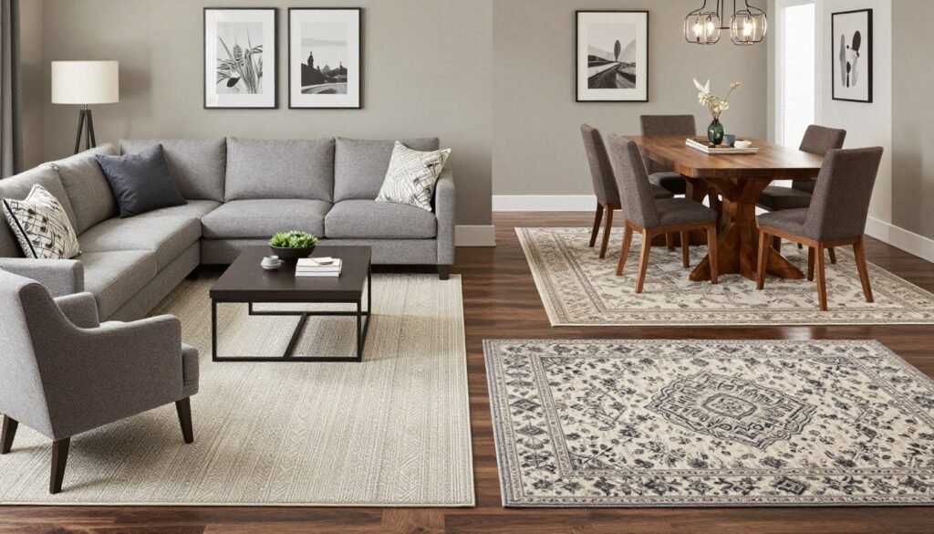 A living room dining room combo showing two distinct area rugs defining separate zones - a textured neutral rug in the living area and a more durable patterned rug in the dining space