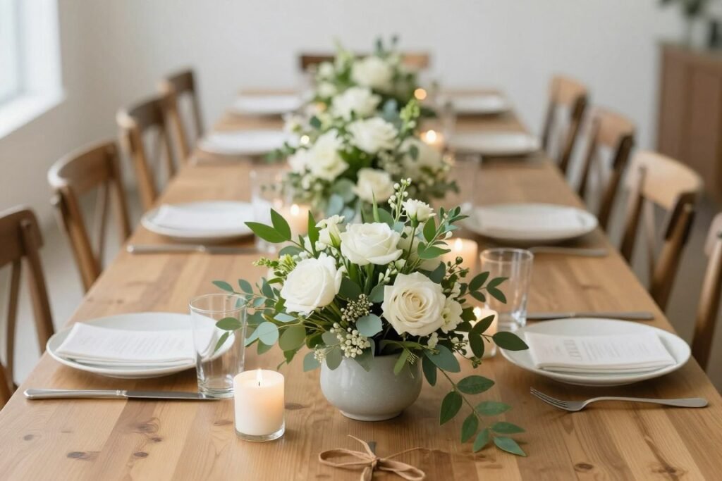 A long rectangular dining table with a linear centerpiece arrangement showing proper scale and height that allows for conversation A long rectangular dining table with a linear centerpiece arrangement showing proper scale and height that allows for conversation