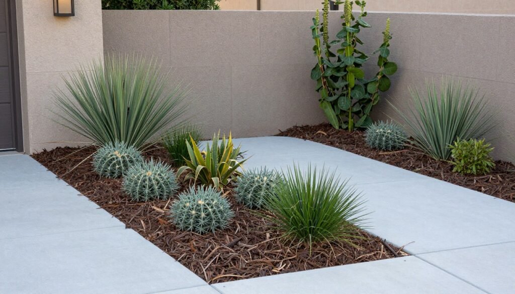 A low-maintenance front entry landscape featuring drought-tolerant plants, mulched beds, and durable hardscaping materials