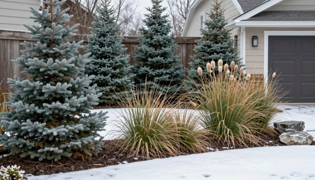 A low-maintenance front yard in winter showing structural elements like evergreens, ornamental grasses, and hardscaping