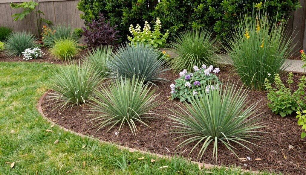 A low-maintenance front yard with drought-tolerant plants, mulched beds, and minimal lawn area