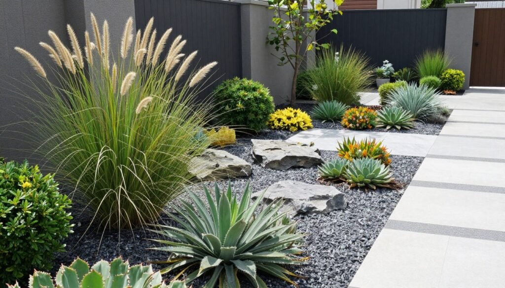 A low-maintenance landscape featuring drought-tolerant plants, decorative gravel, and strategic hardscaping that requires minimal watering and upkeep