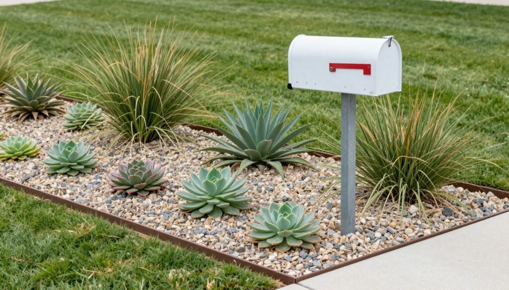 A low-maintenance mailbox landscape featuring succulents, ornamental grasses, and decorative gravel requiring minimal care