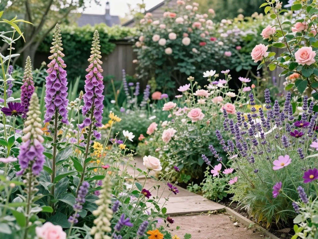A lush cottage core backyard garden with foxgloves, roses, and lavender in bloom