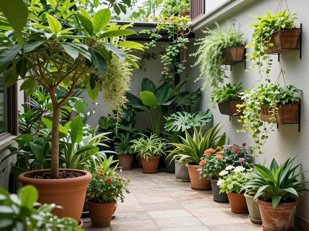 A lush patio garden with various potted plants, hanging baskets, and vertical planters creating a green oasis