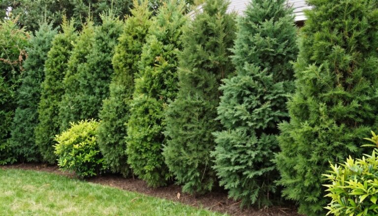 A lush privacy hedge with mixed evergreen shrubs creating a natural backyard privacy screen