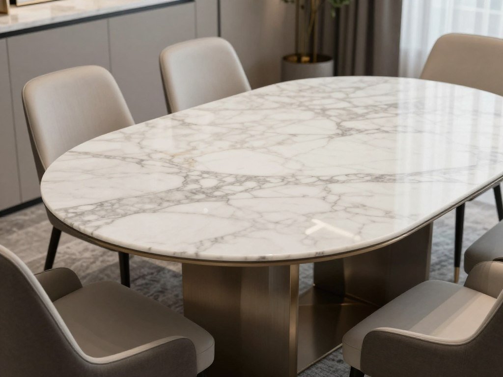 A luxurious marble dining room table with veining patterns in an elegant dining setting