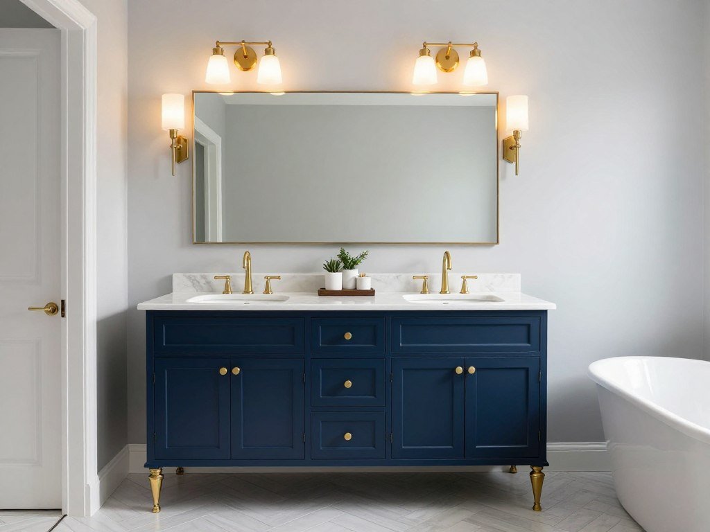 A luxurious midnight blue double vanity with marble countertop and brass fixtures