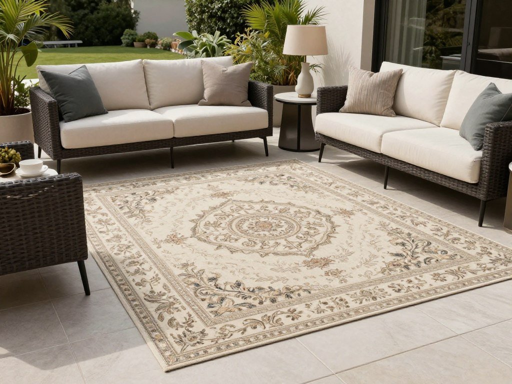 A luxury outdoor rug with exceptional quality and design details on an elegantly styled patio