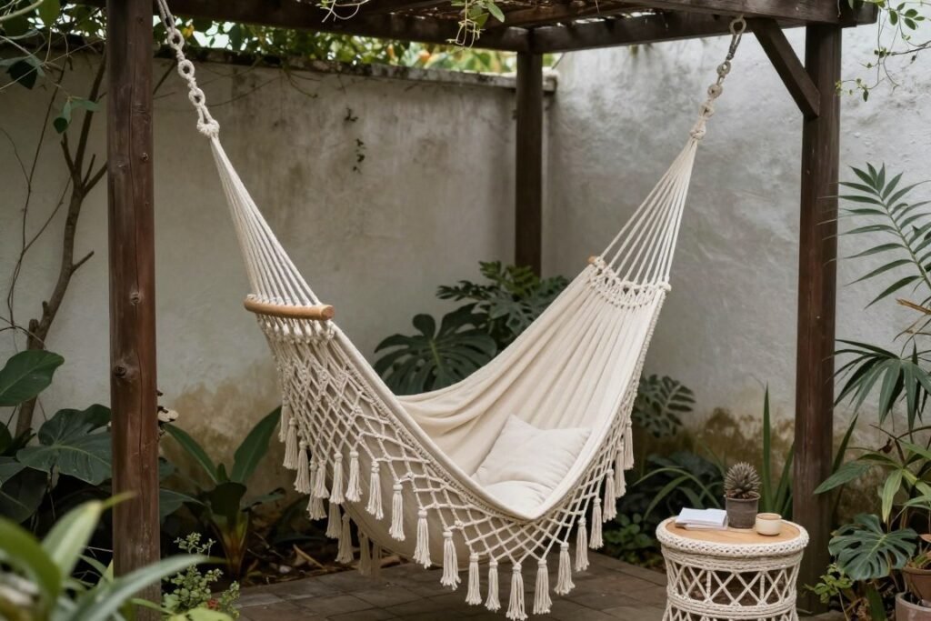 A macramé hammock chair hanging from a pergola beam in a small garden corner with cushions and a small side table