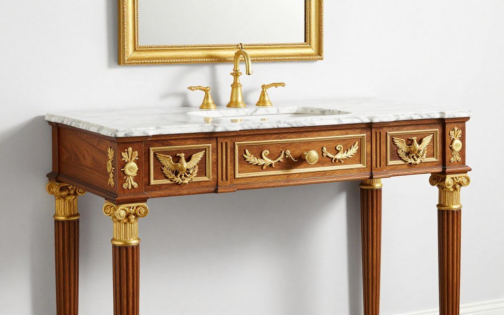 A mahogany Empire style vanity with column details, gilt bronze mounts, and classical motifs