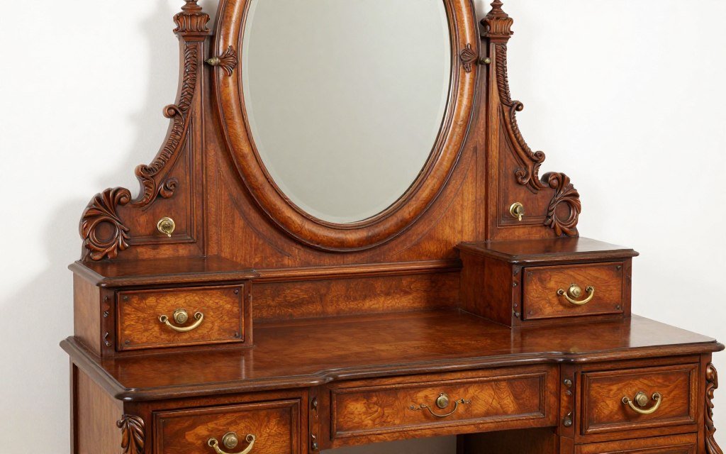 A mahogany Victorian antique vanity with ornate carvings and an oval beveled mirror