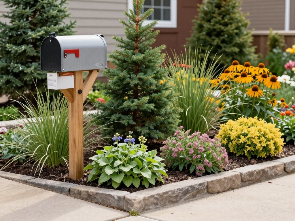 A mailbox garden designed for northern climates featuring cold-hardy perennials and evergreens for winter interest