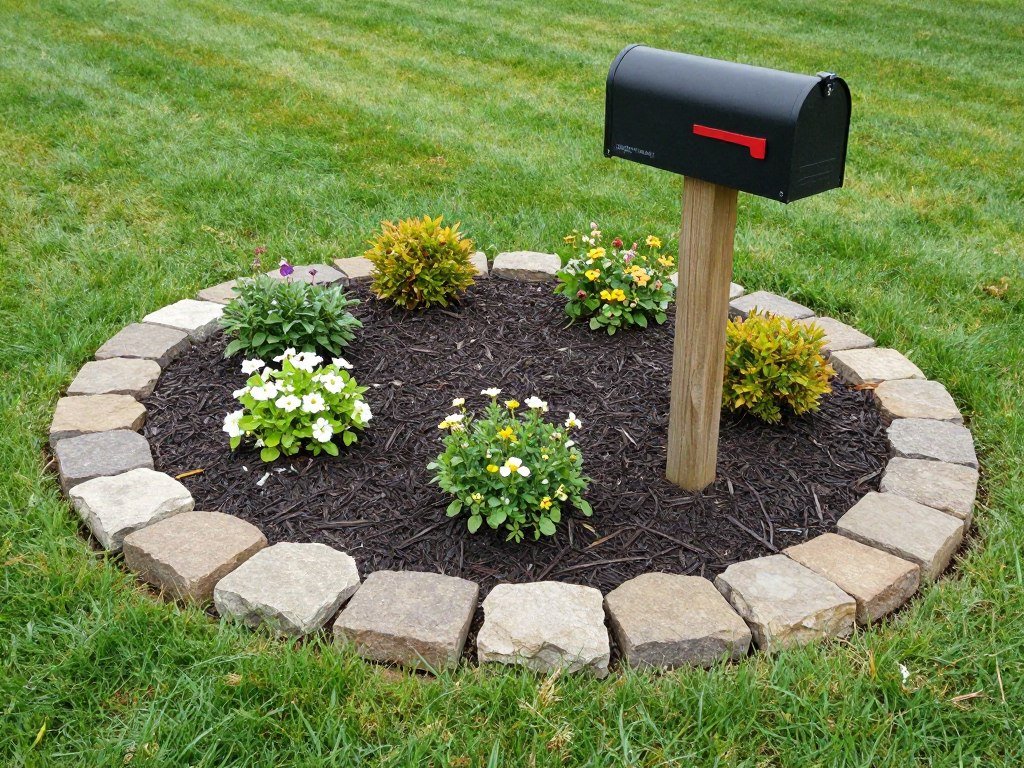 A mailbox garden with decorative stone border, mulch, and a mix of perennials creating a defined landscape area