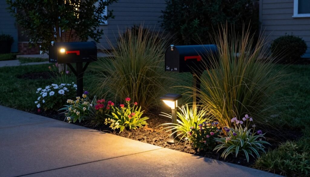 A mailbox garden with solar path lights illuminating the approach and highlighting the landscaping at dusk