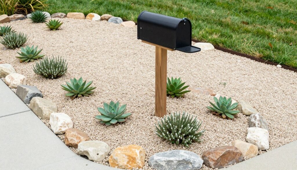 A mailbox landscape featuring a combination of decorative gravel and low-growing ground covers creating a neat, low-maintenance design