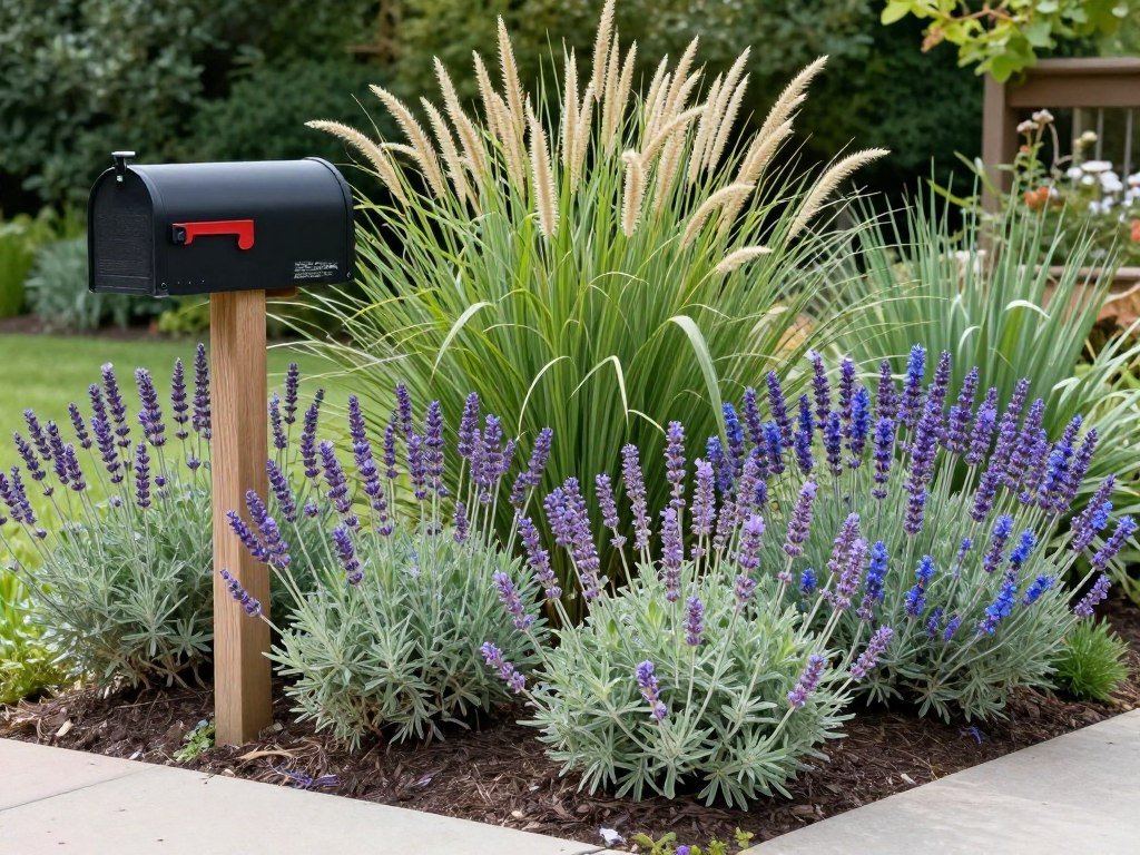 A mailbox landscaping design featuring drought-resistant perennials including lavender, salvia, and ornamental grasses
