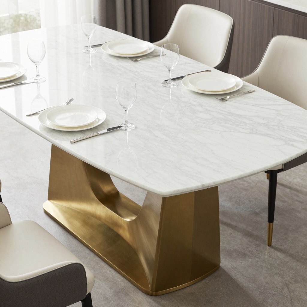 A marble dining table with brass base in a glamorous dining setting