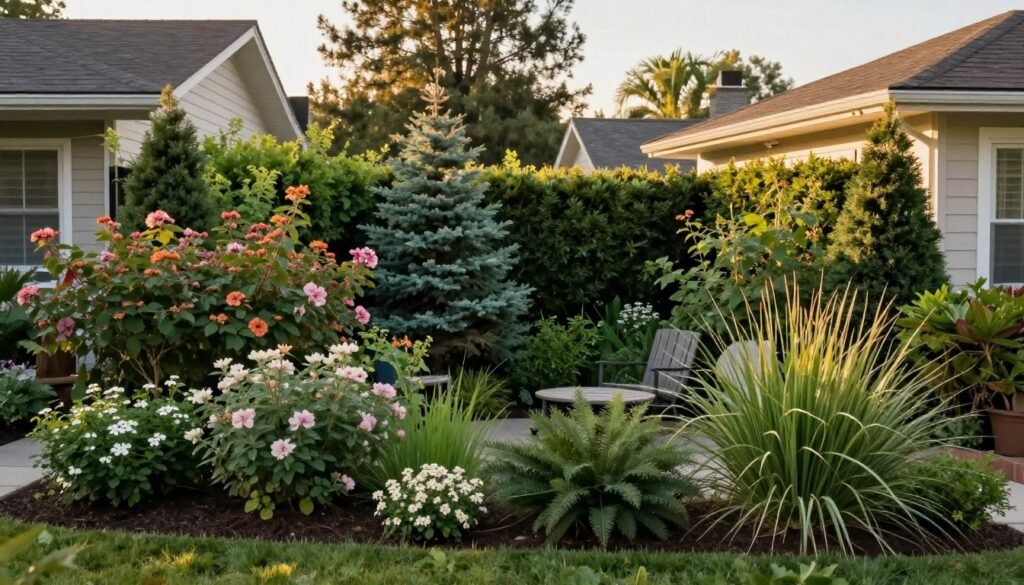 A mature, established privacy landscape creating a lush, secluded outdoor space between neighboring properties