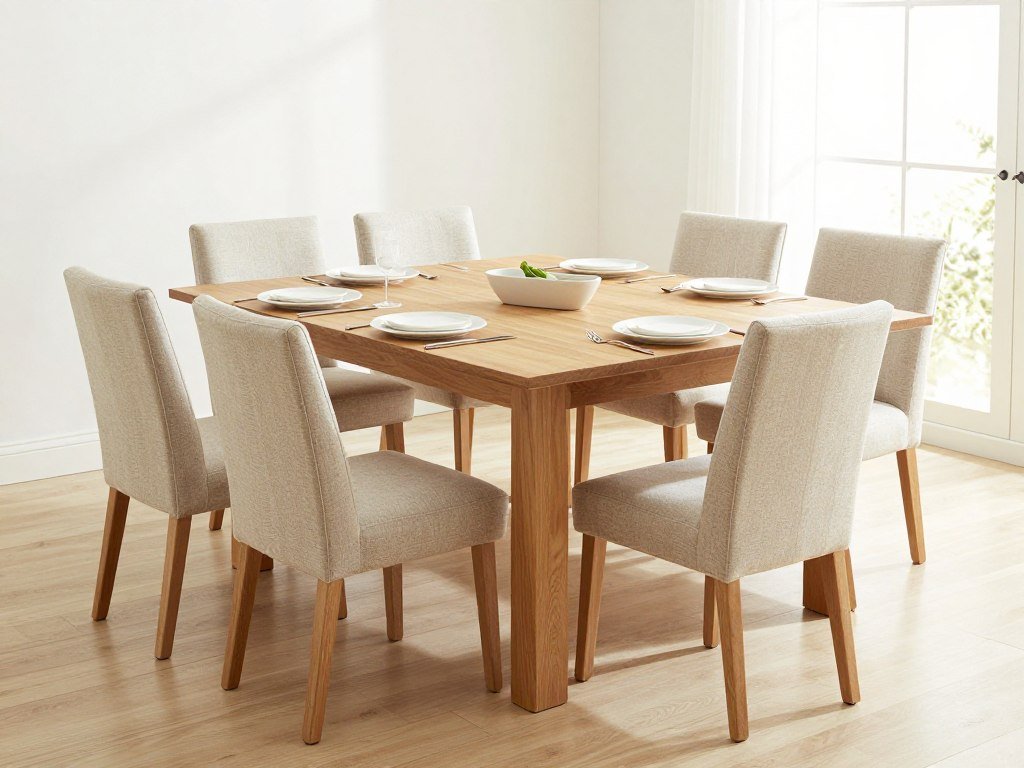 A medium rectangular dining room table that seats 6 people in a comfortable dining space