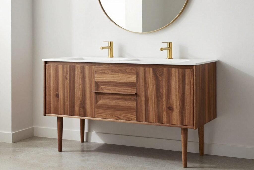 A mid-century modern bathroom with a walnut wood bathroom vanity featuring tapered legs