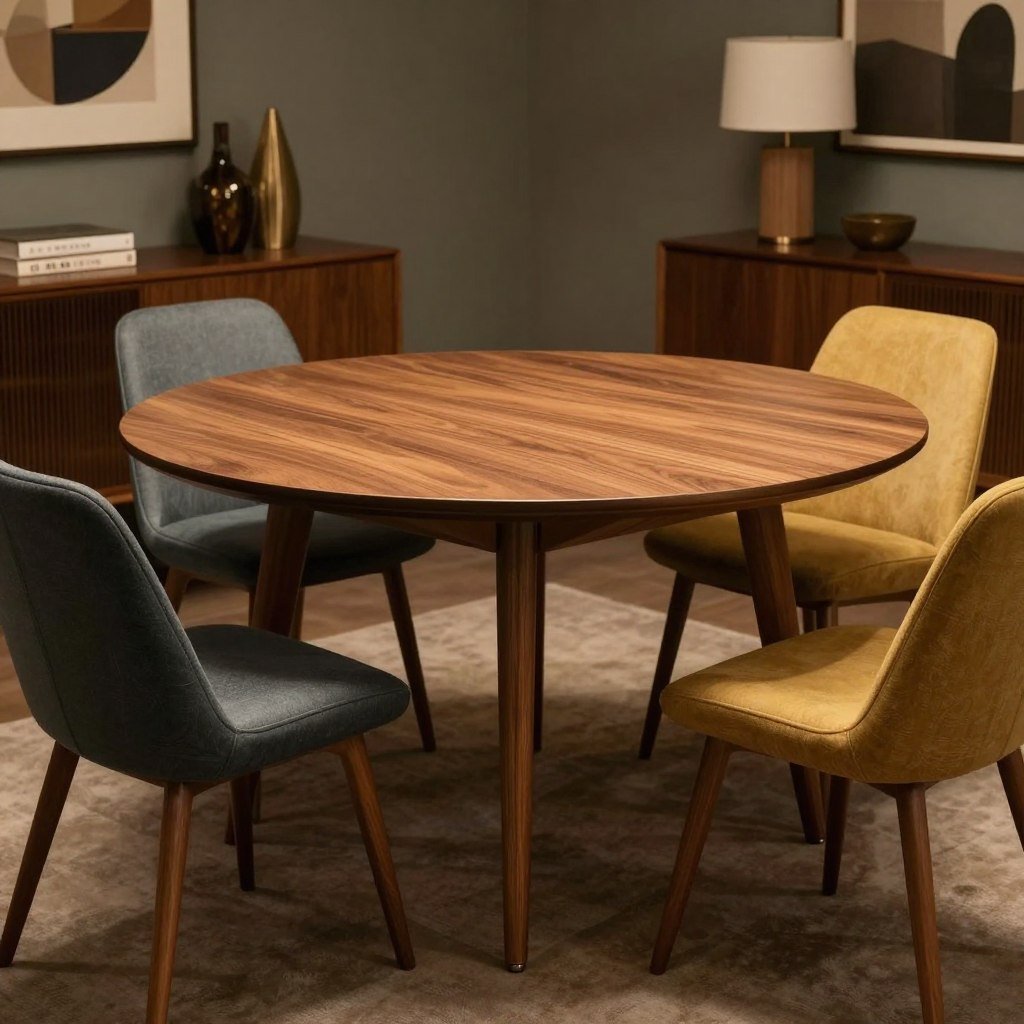 A mid-century modern circle dining table with tapered legs