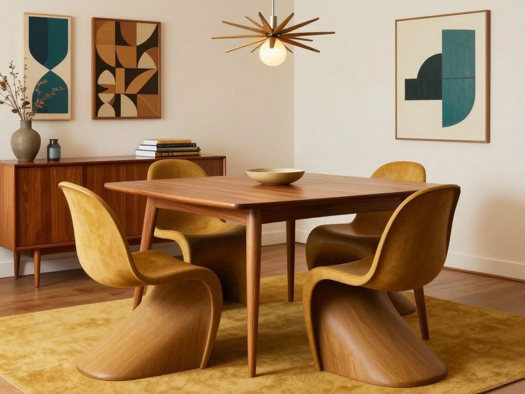 A mid-century modern dining table with tapered legs and warm wood tones