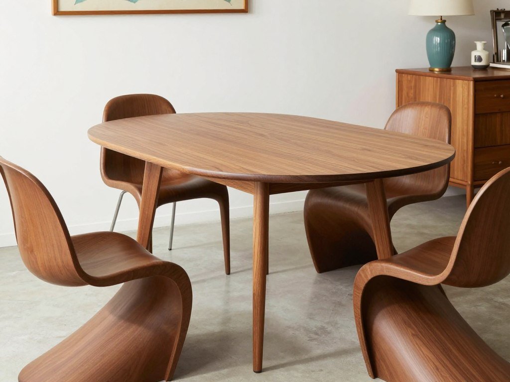 A mid-century modern oval dining room table with tapered legs and warm wood tones