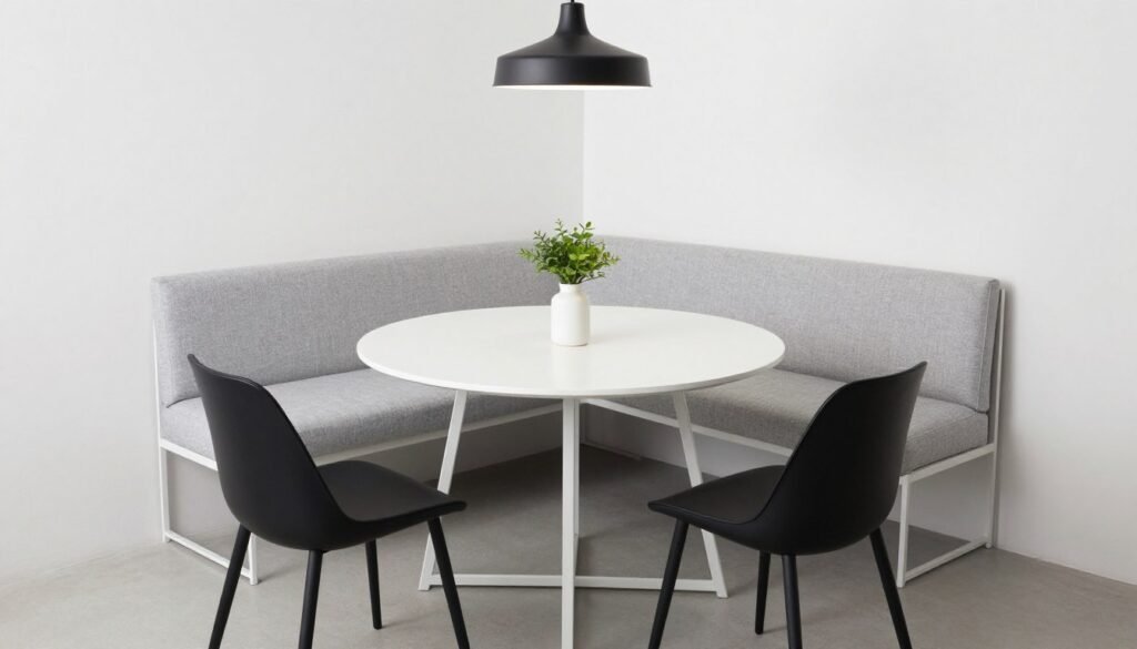 A minimalist corner dining nook with clean lines, neutral colors, and a modern pendant light A minimalist corner dining nook with clean lines, neutral colors, and a modern pendant light
