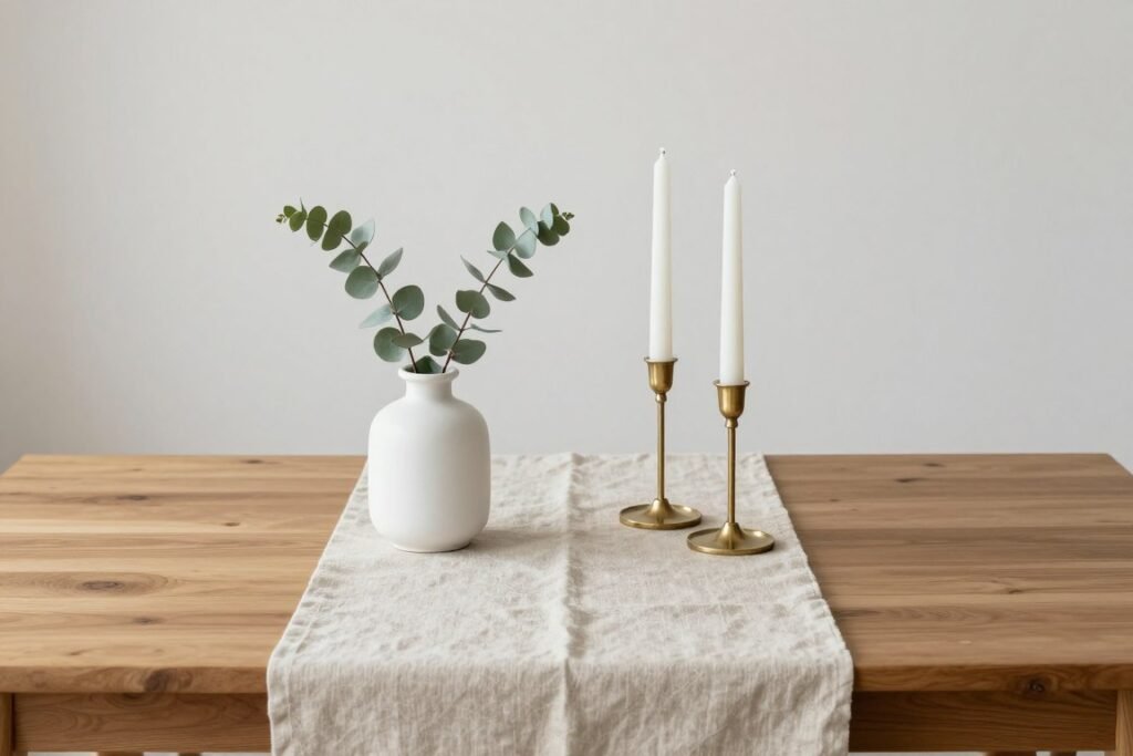 A minimalist dining table setting with a neutral linen runner, simple ceramic vase with eucalyptus, and sleek brass candlesticks