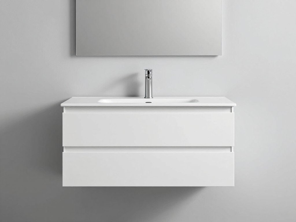 A minimalist floating small vanity with handleless drawers and clean lines