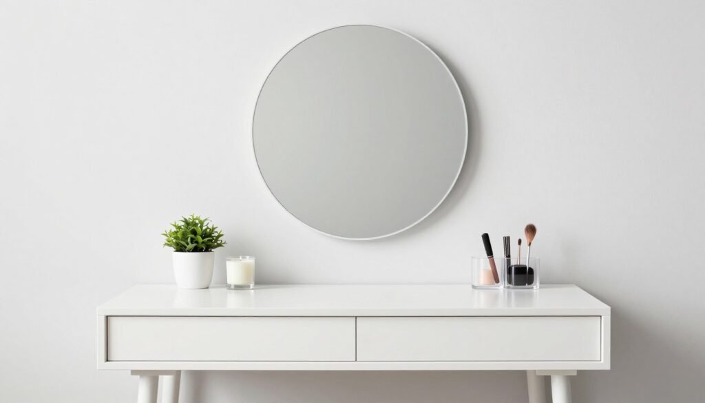 A minimalist vanity featuring a white table with clean lines, a simple round mirror, and carefully organized essentials