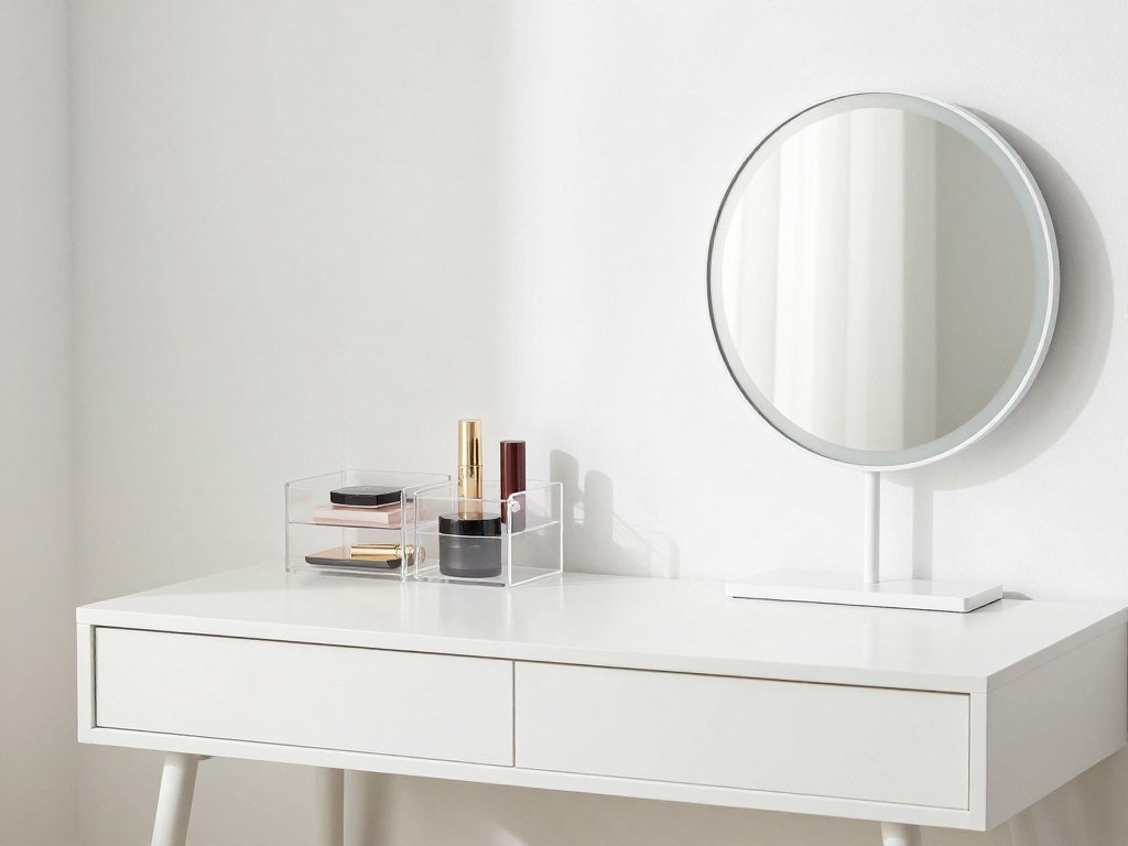 A minimalist vanity set up with a simple white desk, frameless mirror, and organized acrylic containers