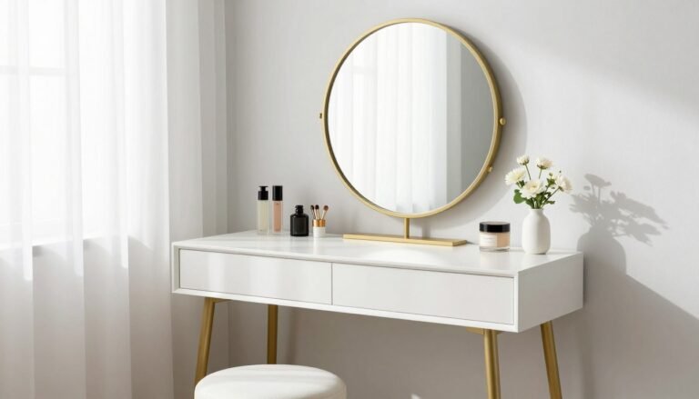 A minimalist white aesthetic vanity with gold accents, featuring a round mirror and organized makeup collection