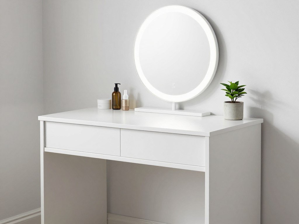A minimalist white vanity desk with clean lines, hidden storage, and a simple round mirror
