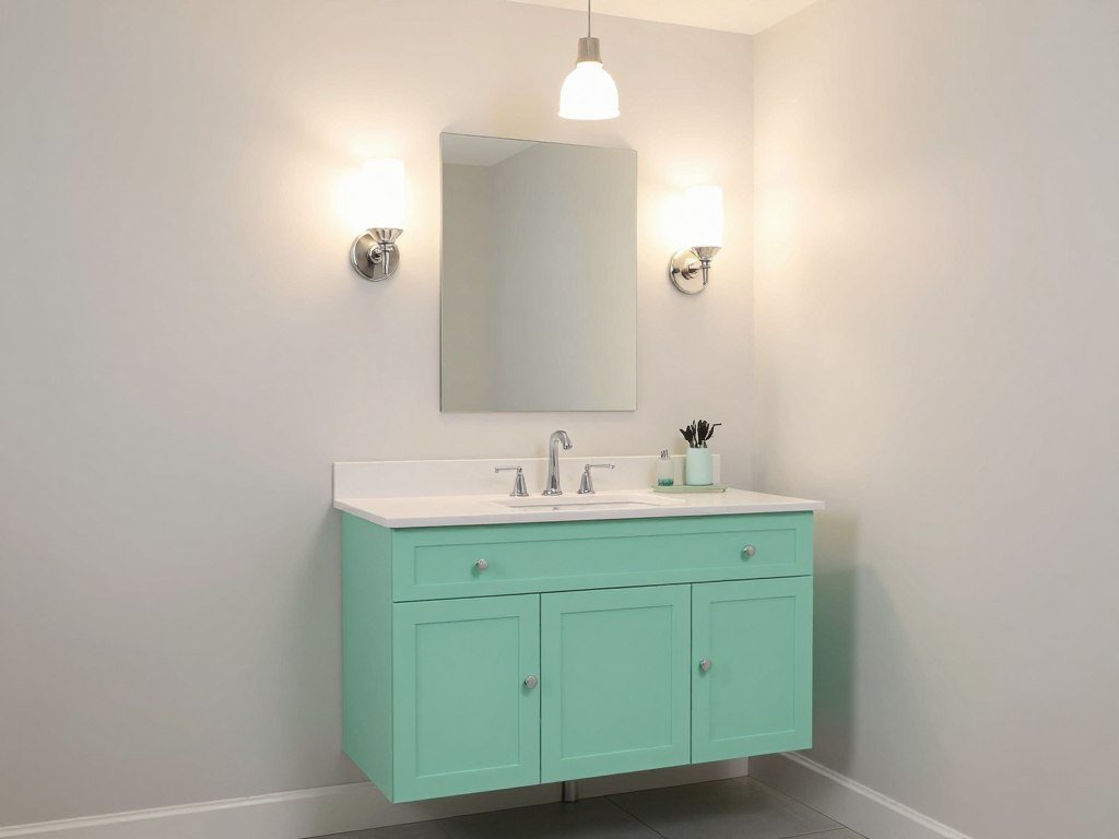 A mint green vanity illuminated by wall sconces and pendant lighting showing how light affects the color