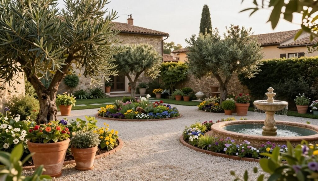 A mixed European-style backyard showing elements from different traditions blended harmoniously