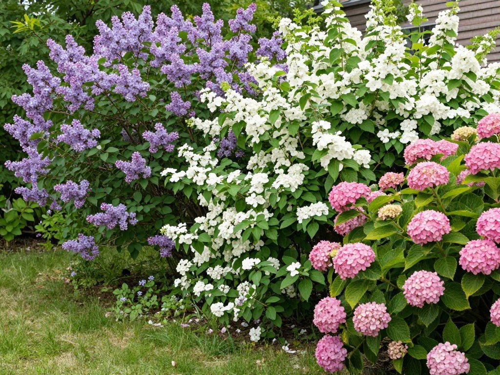 A mixed border of flowering deciduous shrubs including lilac, viburnum, and hydrangea creating privacy between neighboring yards