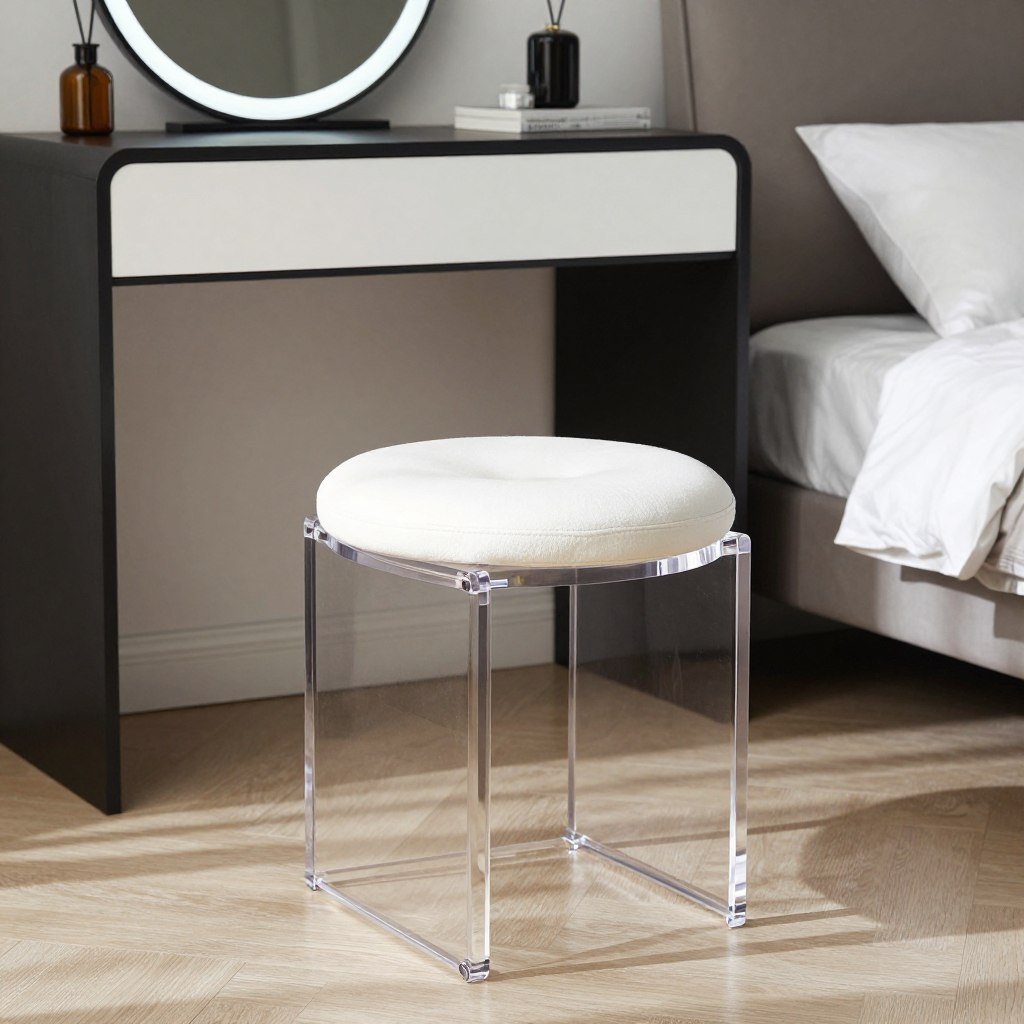 A modern acrylic vanity stool with a clear base and white cushion