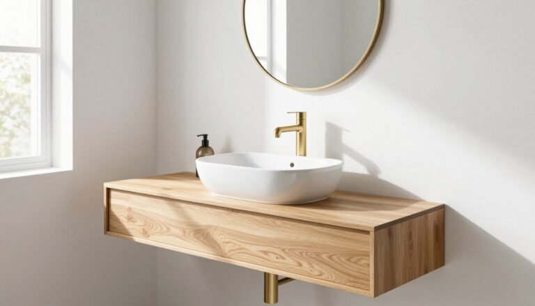 A modern bathroom featuring a floating wood bathroom vanity with natural grain patterns and a white vessel sink