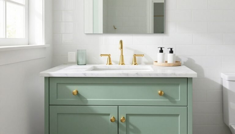 A modern bathroom featuring a sage green vanity with brass hardware against white subway tile