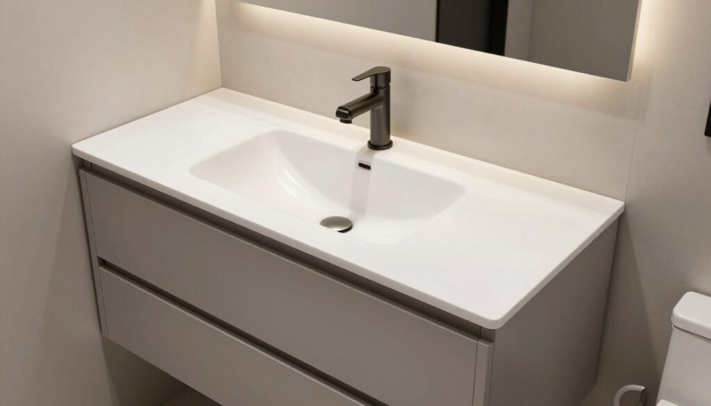 A modern bathroom vanity with an integrated sink design where the countertop and sink form one continuous surface