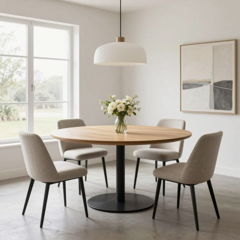 A modern circle dining table in a bright, airy dining space with natural light streaming through windows