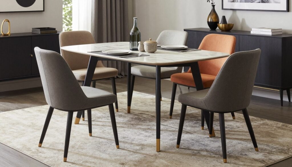 A modern dining table with complementary chairs in a stylish arrangement