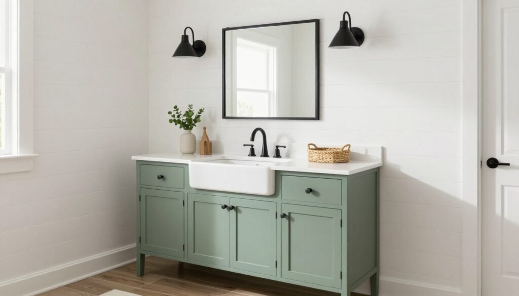 A modern farmhouse bathroom with sage green vanity, shiplap walls, and black hardware