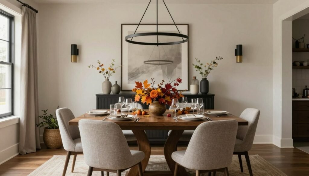 A modern farmhouse dining room decorated for a seasonal gathering A modern farmhouse dining room decorated for a seasonal gathering